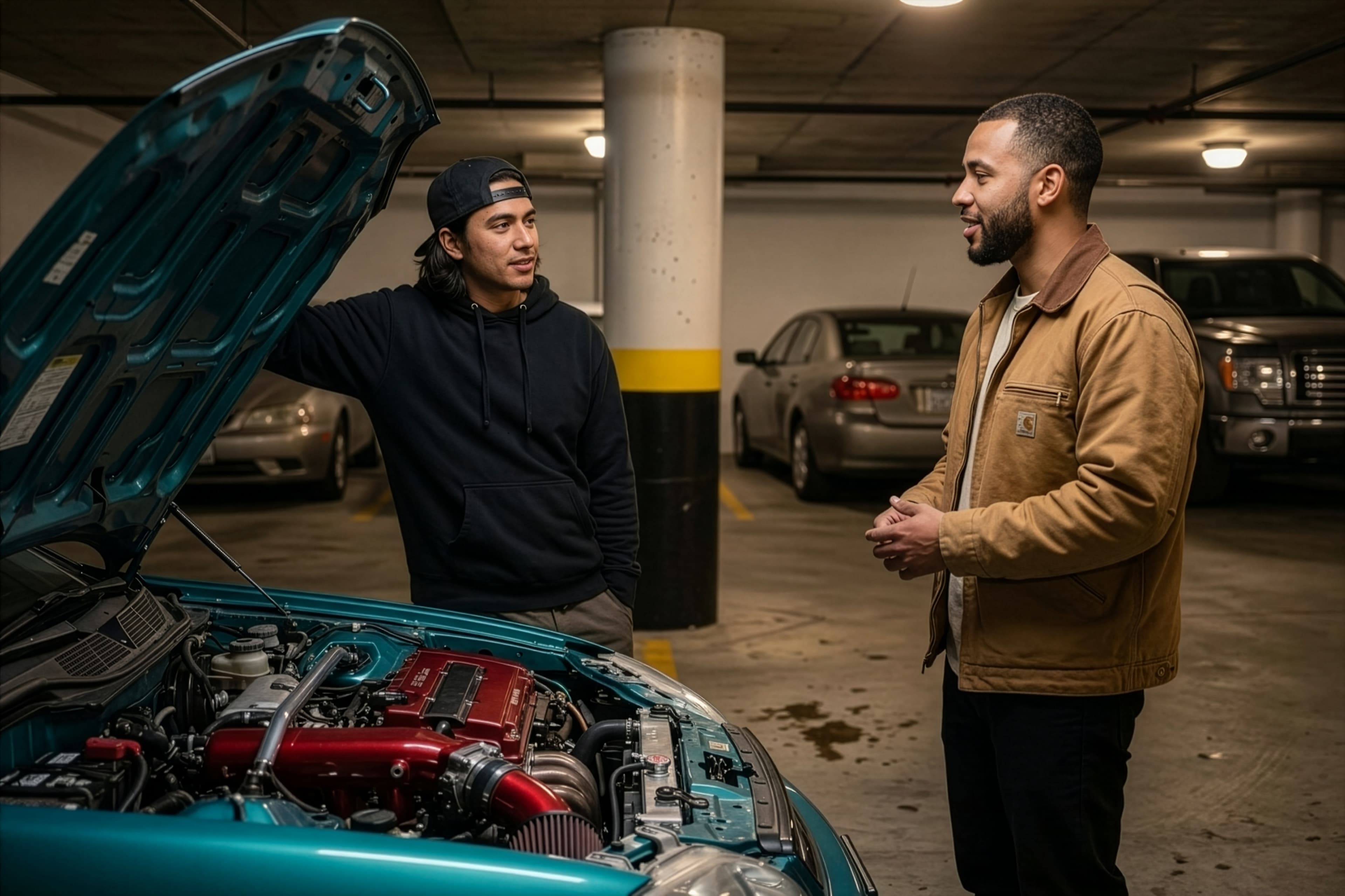 Residents connecting in a modern apartment common area